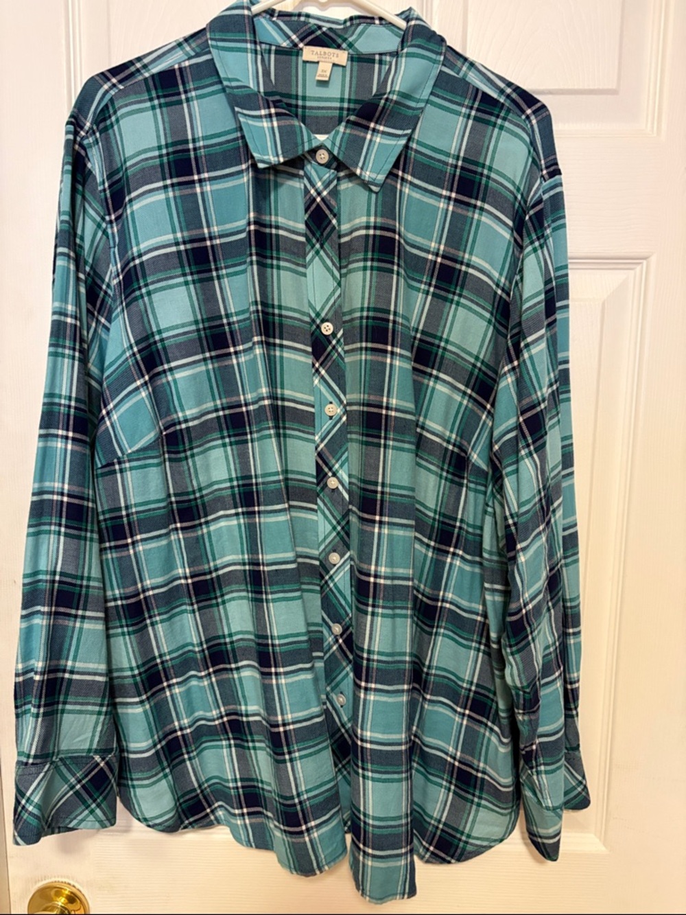 Talbots Women’s Aqua and Navy Plaid Button-Down Shirt